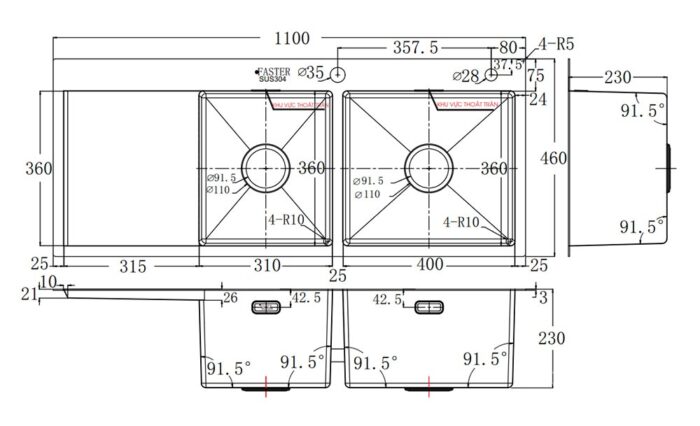 ban ve ky thuat chau rua bat inox faster fs 11046hls