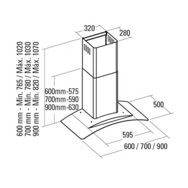 Bản vẽ kích thước Máy hút mùi CATA GAMMA 900 02008208 90cm kính cong