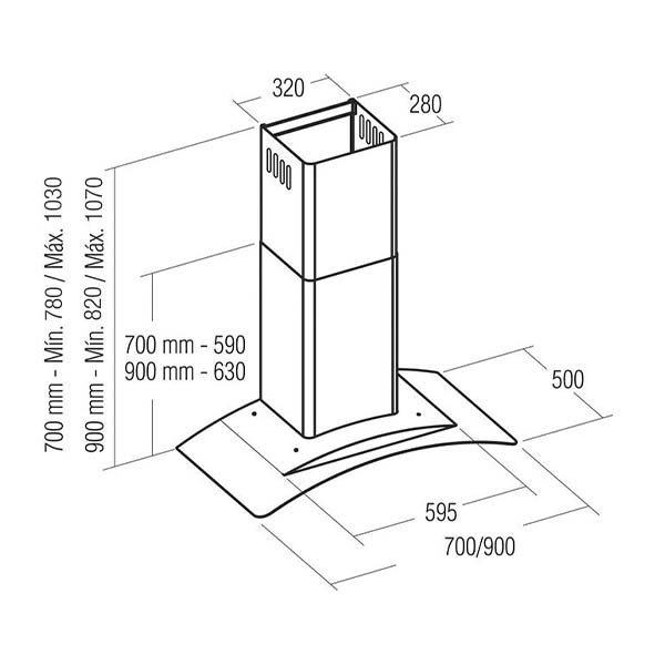 Bản vẽ kích thước Máy hút mùi CATA KYROS TC3V 700 GLASS /A 02117202 70cm kính cong