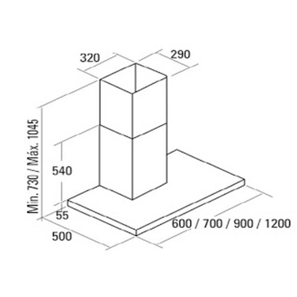 Bản vẽ kích thước Máy hút mùi CATA SYGMA 600 02060305 60cm chữ T