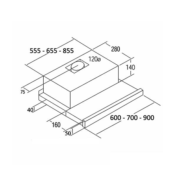 Bản vẽ kích thước Máy hút mùi CATA TF 2003 DURALUM 700 02089303 70cm âm tủ