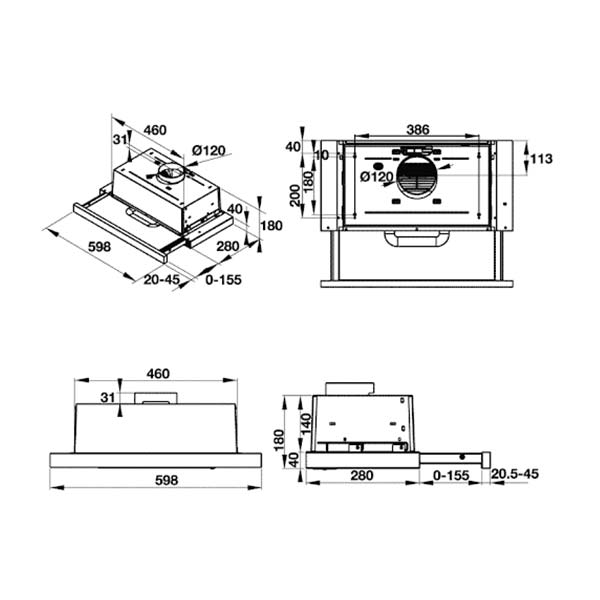 Bản vẽ kích thước Máy hút mùi HAFELE HH-TI60D 539.81.083 60cm âm tủ