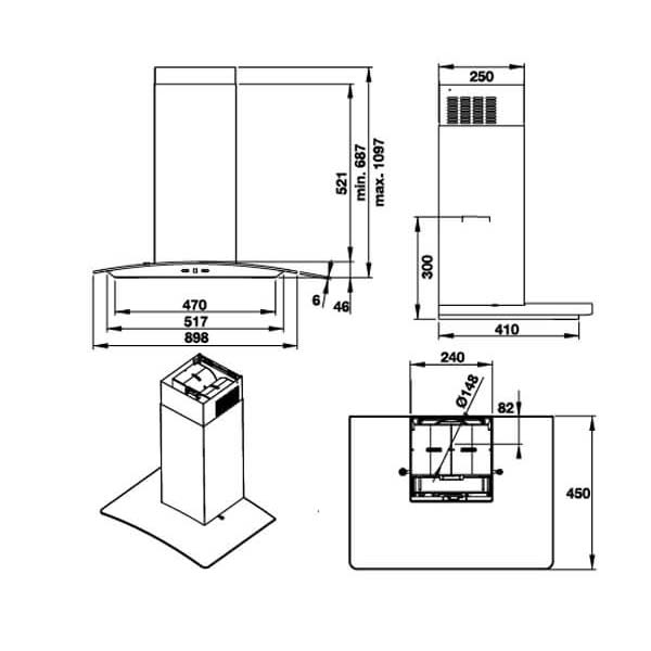 Bản vẽ kích thước Máy hút mùi HAFELE HH-WG90B 539.81.185 90cm kính cong