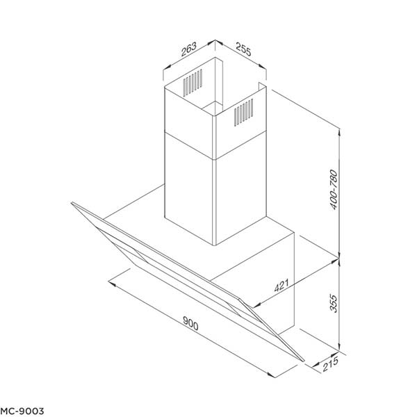 Bản vẽ kích thước Máy hút mùi MALLOCA MC-9003 90cm kính vát