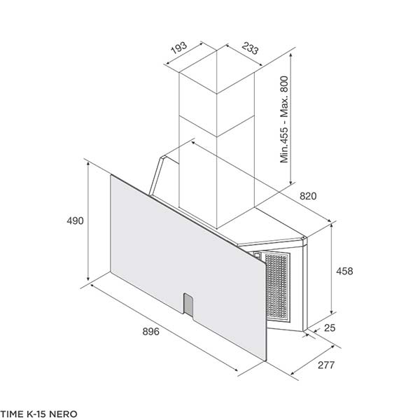 Bản vẽ kích thước Máy hút mùi MALLOCA TIME K-15 NERO 90cm kính vát