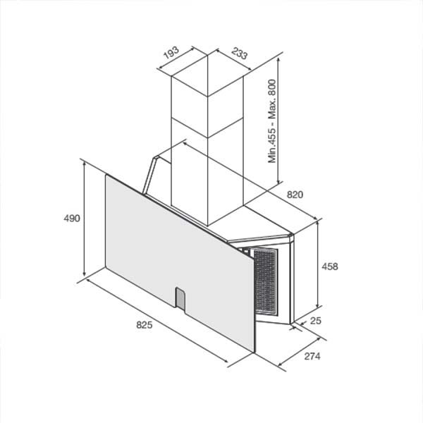 Bản vẽ kích thước Máy hút mùi MALLOCA TIME K-16 BRUNO 90cm kính vát