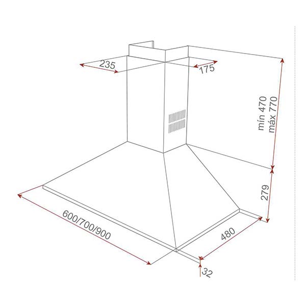 Bản vẽ kích thước Máy hút mùi TEKA DBB 90 40460440 90cm chữ T