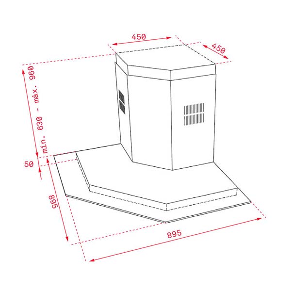 Bản vẽ kích thước Máy hút mùi TEKA DQ2 985 40477002 90cm góc tủ