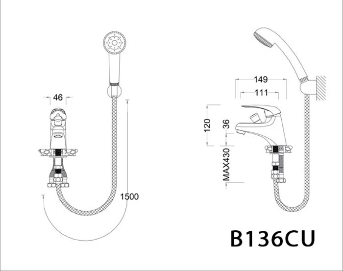Bản vẽ kỹ thuật Vòi lavabo CAESAR B136CU kèm sen nóng lạnh
