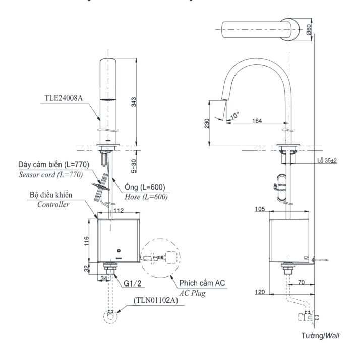 ban ve ky thuat voi chau lavabo toto tle24008a cam ung gan banchau