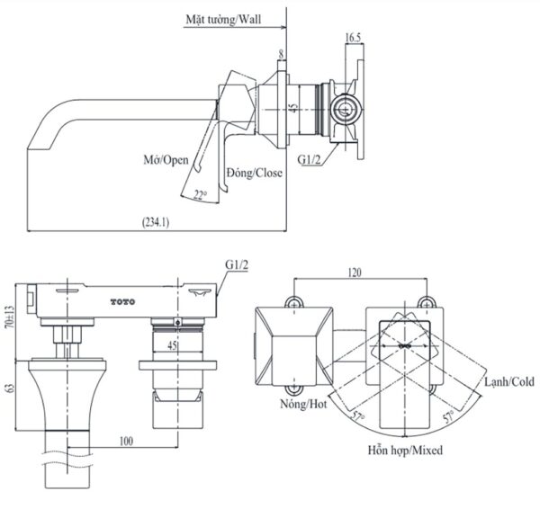 ban ve ky thuat voi chau lavabo toto tlg08308b nong lanh gan tuong
