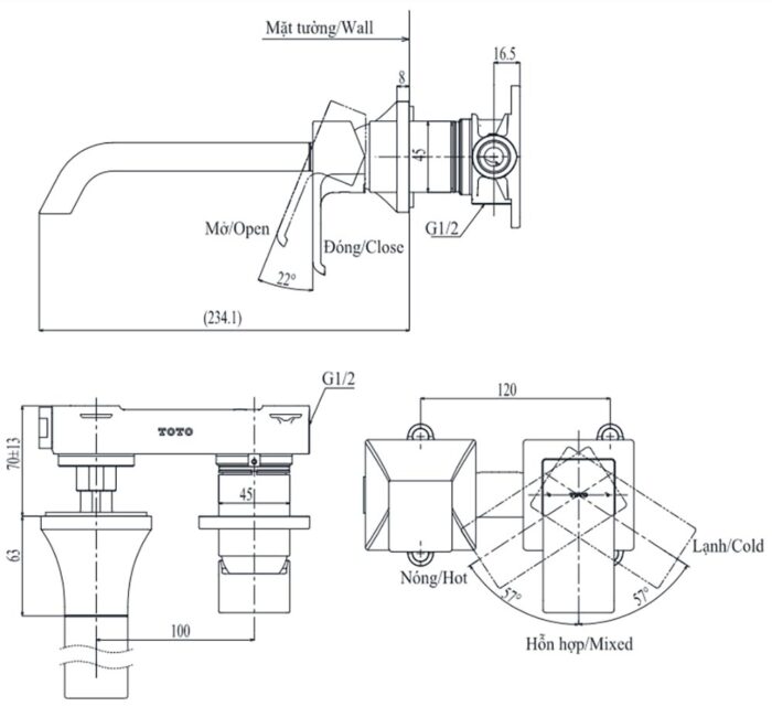 ban ve ky thuat voi chau lavabo toto tlg08308b nong lanh gan tuong