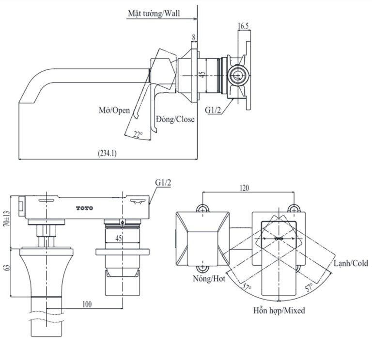ban ve ky thuat voi chau lavabo toto tlg08308b nong lanh gan tuong