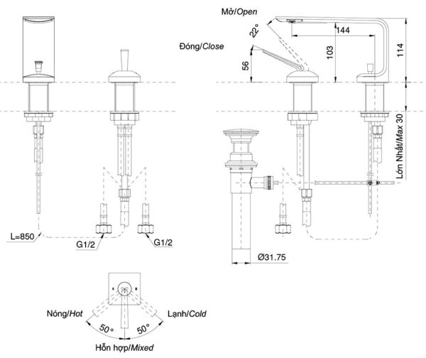 ban ve ky thuat voi chau lavabo toto tlp02301b nong lanh