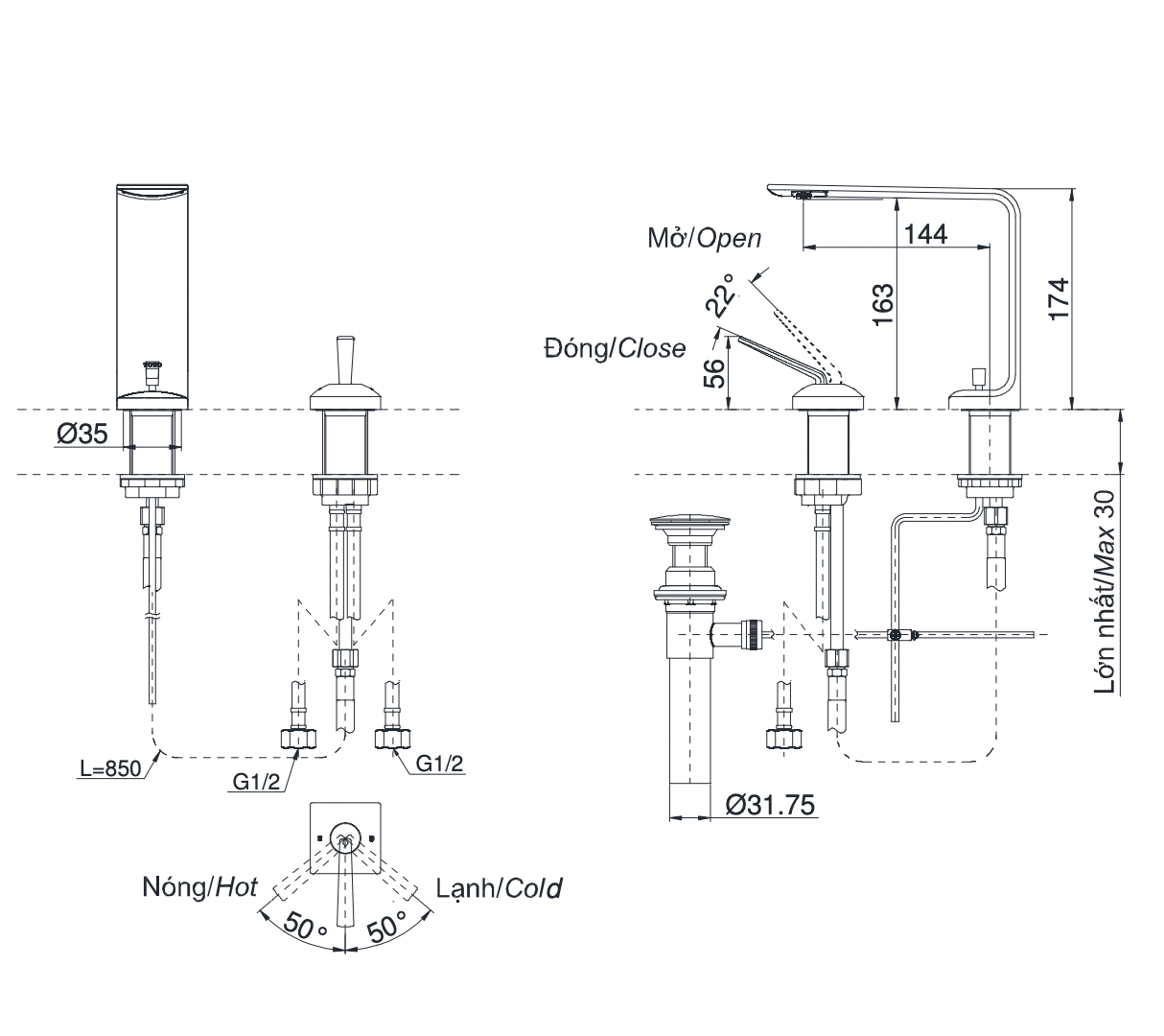 Bản vẽ kỹ thuật Vòi lavabo TOTO TLP02304B nóng lạnh cổ cao