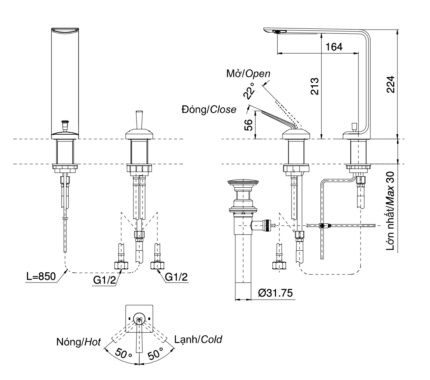 ban ve ky thuat voi chau lavabo toto tlp02307b nong lanh co cao