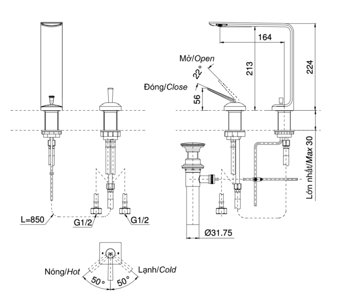 ban ve ky thuat voi chau lavabo toto tlp02307b nong lanh co cao