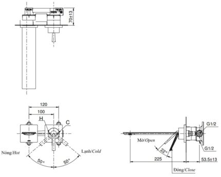 ban ve ky thuat voi chau lavabo toto tlp02310b nong lanh gan tuong