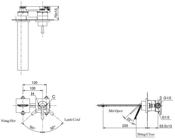 ban ve ky thuat voi chau lavabo toto tlp02310b nong lanh gan tuong