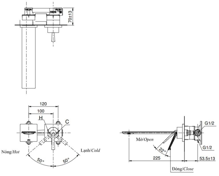 ban ve ky thuat voi chau lavabo toto tlp02310b nong lanh gan tuong