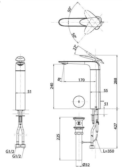 Bản vẽ kỹ thuật Vòi lavabo TOTO TLP03301A1 nóng lạnh gắn tường