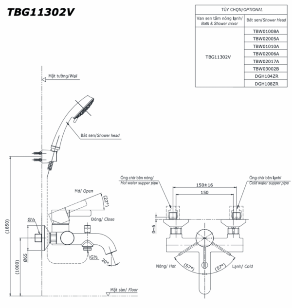 ban ve ky thuat voi sen tam inax tbg11302v nong lanh