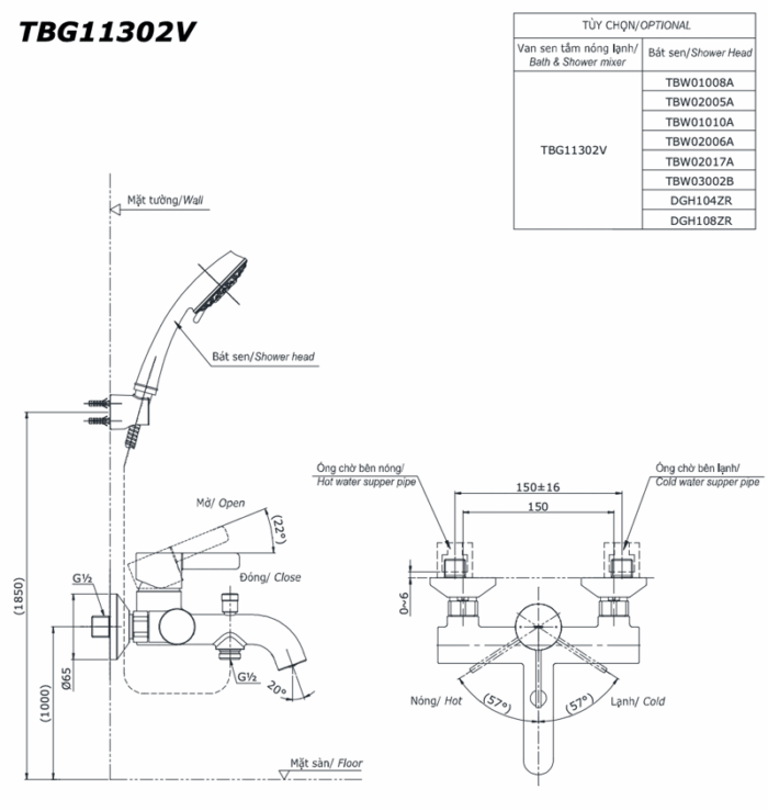 ban ve ky thuat voi sen tam inax tbg11302v nong lanh