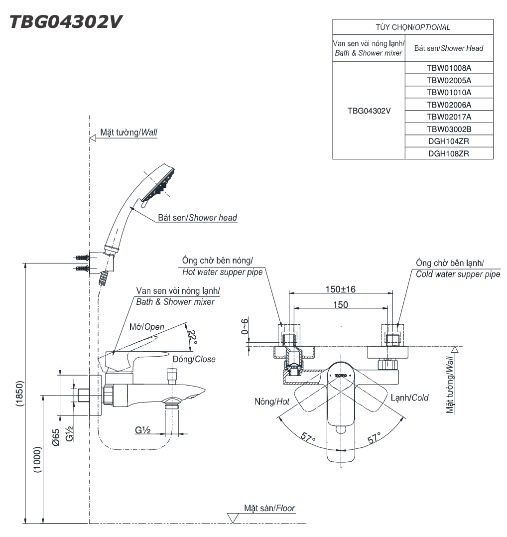 Bản vẽ kỹ thuật Vòi sen tắm TOTO TBG04302V nóng lạnh