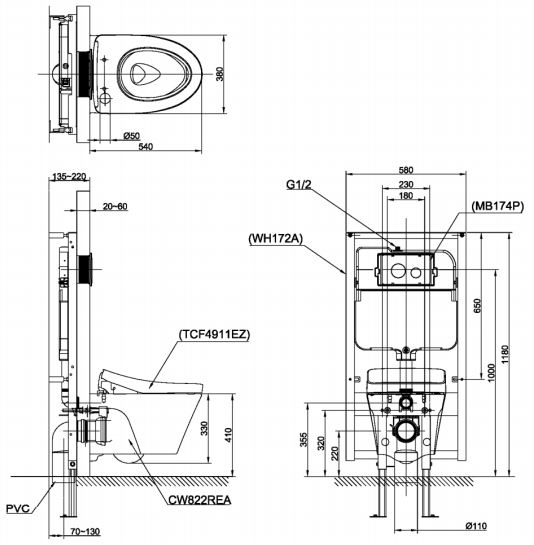 Bản vẽ kĩ thuật Bồn cầu treo tường TOTO CW822NJWS TC393VS nắp êm