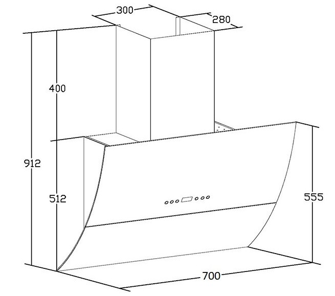 Bản vẽ kích thước Máy hút mùi CHEFS EH-R706E7B 70cm kính vát