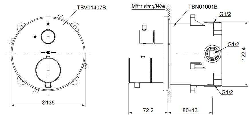 Van điều chỉnh nhiệt độ TOTO TBV01407B TBN01001B sen âm tường 1 đường nước ra 1 Bản vẽ kỹ thuật Van điều chỉnh nhiệt độ TOTO TBV01407B TBN01001B sen âm tường