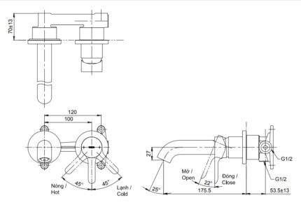 ban ve voi chau gat gu toto tls01309b nong lanh gan tuong