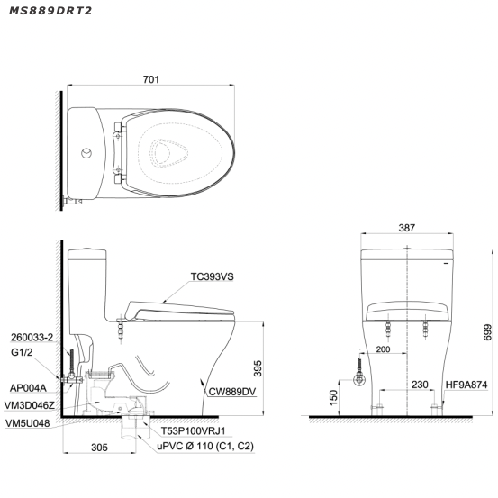 Bản vẽ kĩ thuật Bồn cầu 1 khối TOTO MS889DRT2 nắp êm TC393VS
