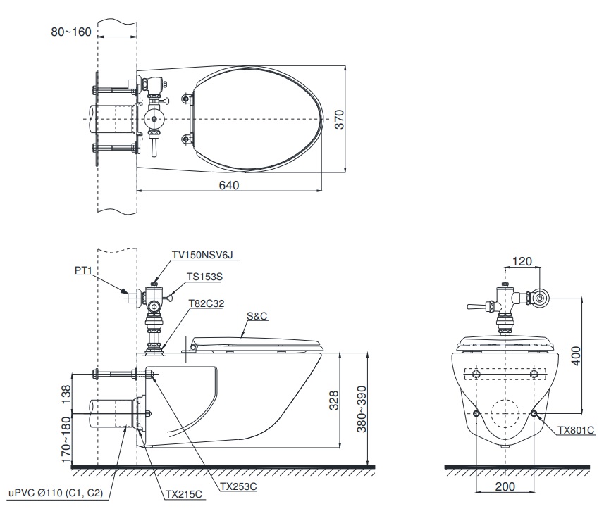 Bản vẽ kĩ thuật Bồn cầu treo tường TOTO CW550 TC393VS TS153S TV150NSV6J nắp êm