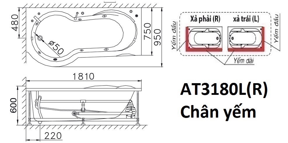 Bản vẽ kĩ thuật Bồn Tắm Caesar AT3180L/R chân yếm 1.8M