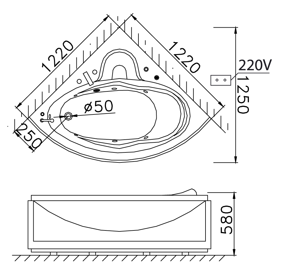 Bản vẽ kĩ thuật Bồn tắm CAESAR MT5120 Massage chân yếm góc 1.2M
