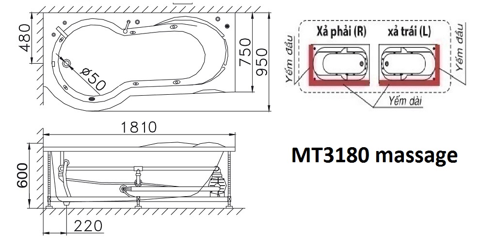 Bản vẽ kĩ thuật Bồn tắm CAESAR MT3180AL MT3180AR Massage xây 1.7M