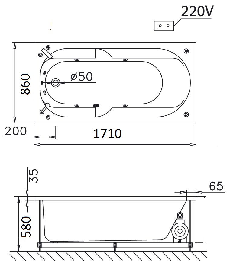 Bản vẽ kĩ thuật Bồn tắm CAESAR AT0570 xây 1.7M