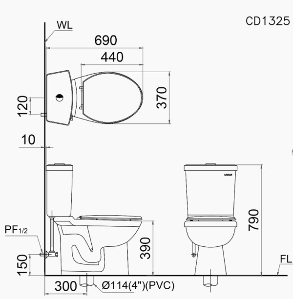 Bản vẽ kĩ thuật Bồn cầu 2 khối CAESAR CD1325 TAF200 nắp rửa điện tử
