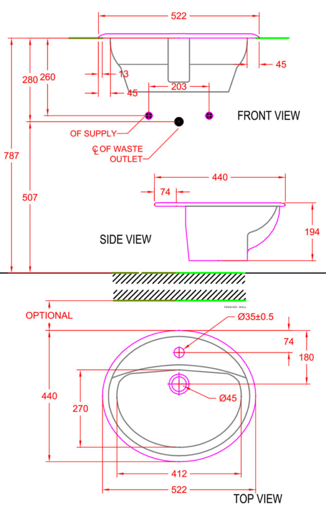 Bản vẽ kĩ thuật chậu lavabo American Standard VF-0476 Dòng Aqualyn dương vành