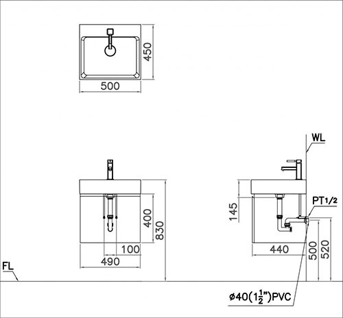 Bản vẽ kĩ thuật chậu lavabo CAESAR LF5253 đặt bàn