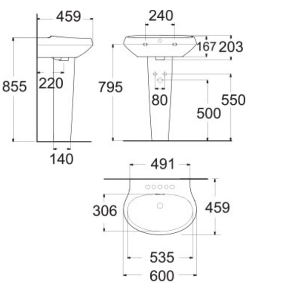Bản vẽ kĩ thuật chậu lavabo American Standard WP-F511/WP-F711 La Vita chân dài treo tường