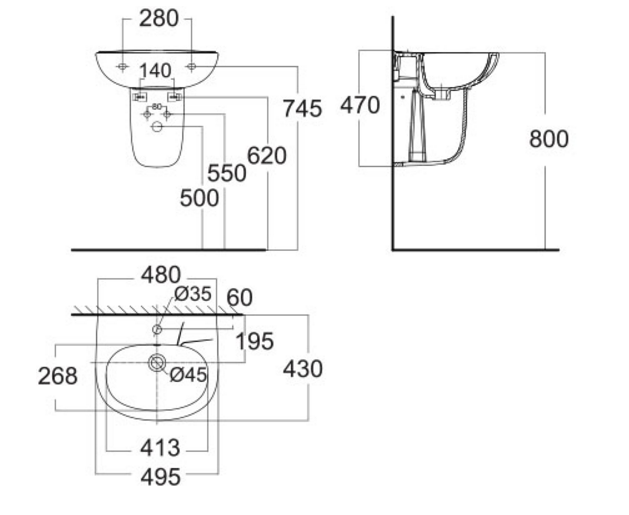 Bản vẽ kĩ thuật chậu lavabo American Standard VF-0947/VF-0741 Dòng Codie chân ngắn treo tường