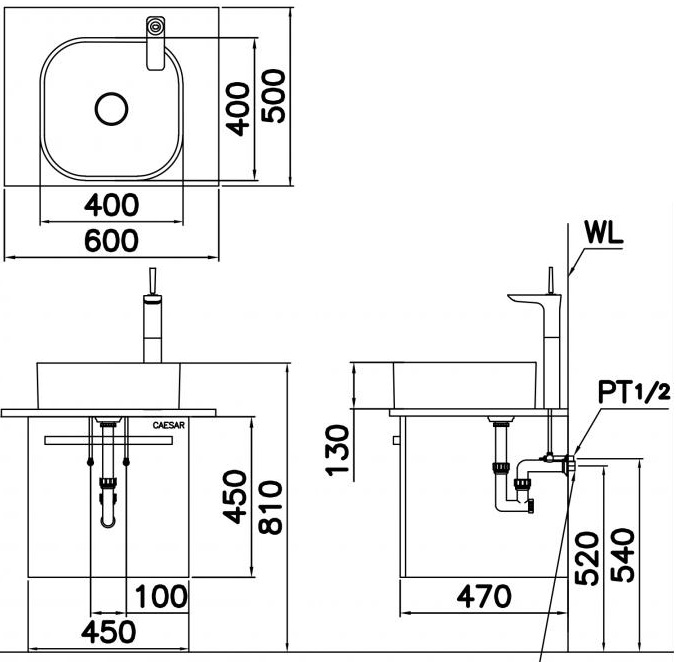 Bản vẽ kĩ thuật chậu lavabo CAESAR LF5256 đặt bàn
