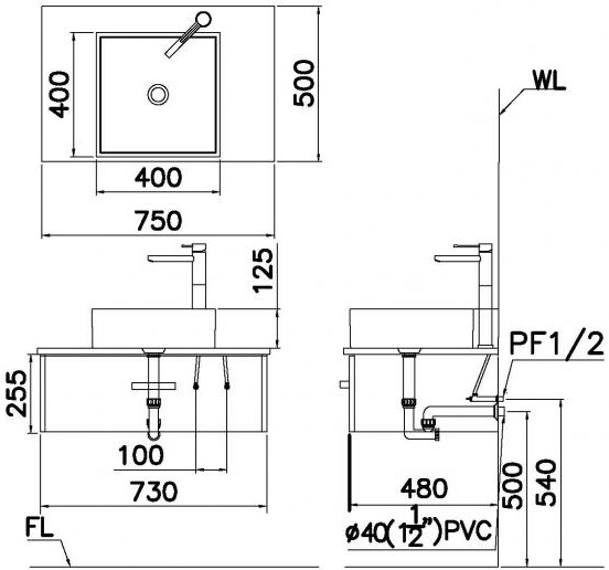 Bản vẽ kĩ thuật chậu lavabo CAESAR LF5252 đặt bàn