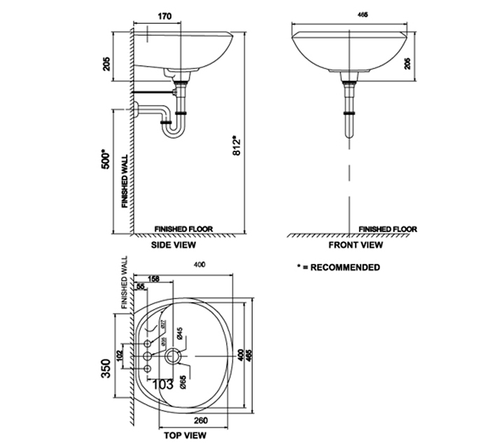 Bản vẽ kĩ thuật chậu lavabo American Standard VF-0940 Dòng Gala treo tường