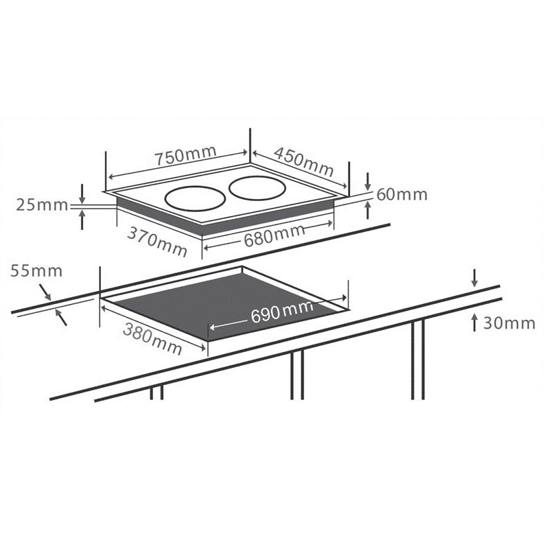 Bản vẽ kích thước Bếp từ đôi CHEFS EH-DIH890