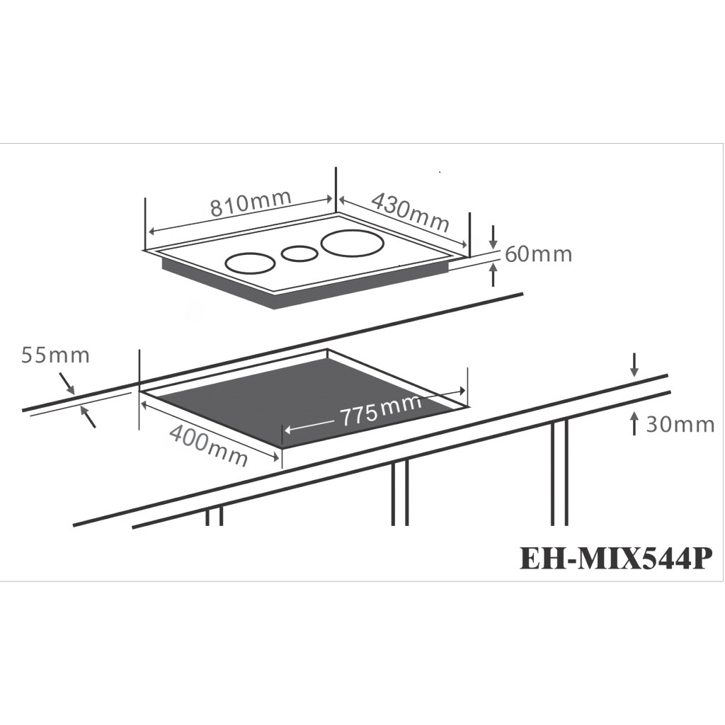 Bản vẽ kích thước Bếp từ kết hợp điện ba CHEFS EH-MIX544P