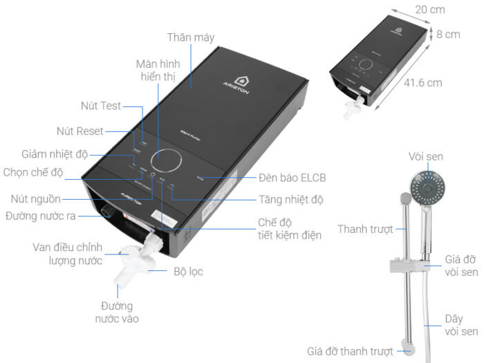 chi tiet May nuoc nong truc tiep ARISTON AURES TOP 4.5P co bom 4500w
