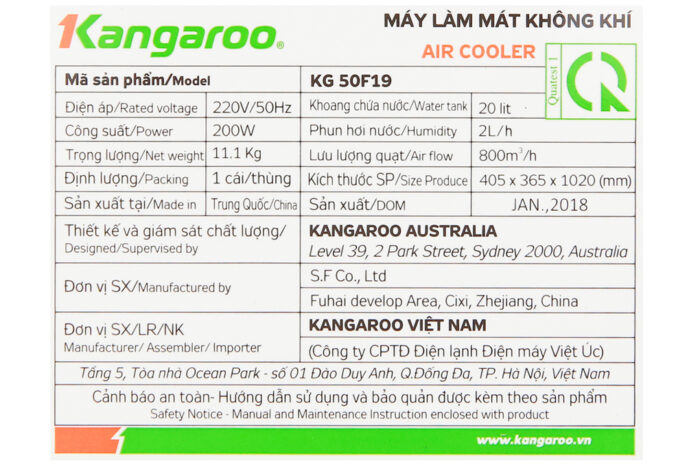 cong suat 200 w tao hoi nuoc lam diu khong khi hieu qua quat dieu hoa kangaroo kg50f19